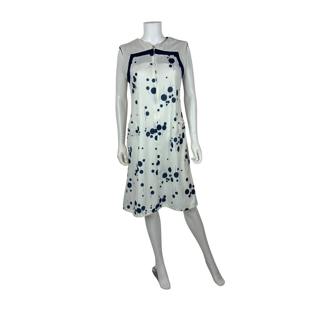 Vintage 70s Zip Up Dress Womens Medium Blue Polka Dot Casual Housedress Shift